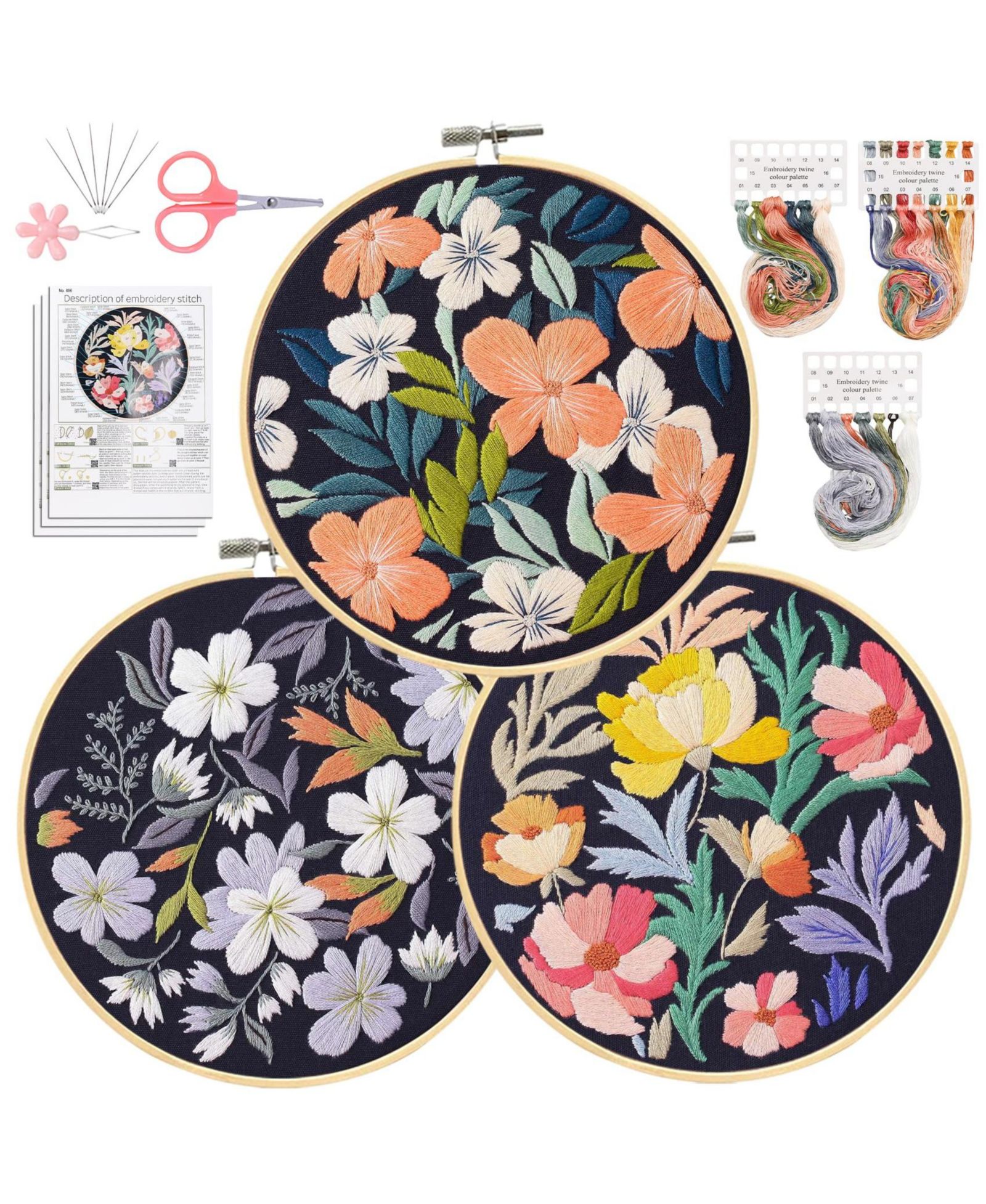 GNUADZ 3 Pack Embroidery Kit Beginners Needlepoint Cross Stamped Petal Pattern Video Tutorial