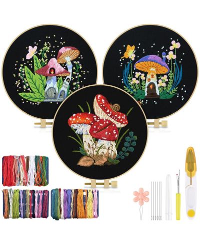 GNUADZ Embroidery Kit Mushroom Beginners Cloth Hoops Threads