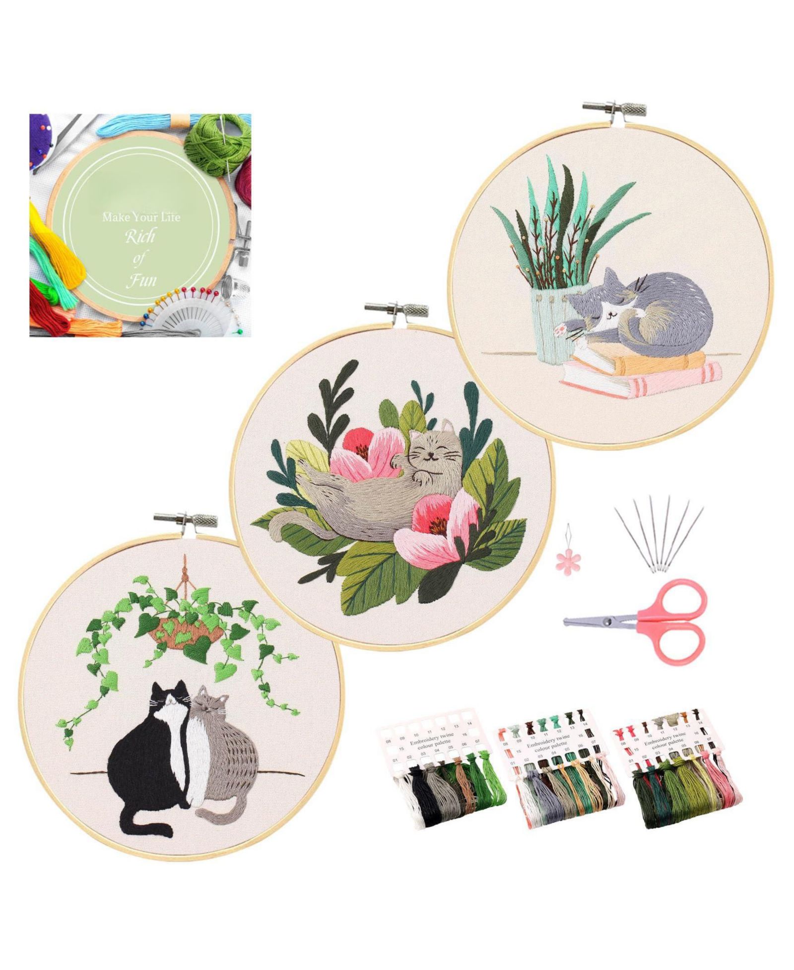 Набор для вышивания GNUADZ 3 Pack Cat Pattern Cross Stitch Hoops Threads Needles для начинающих