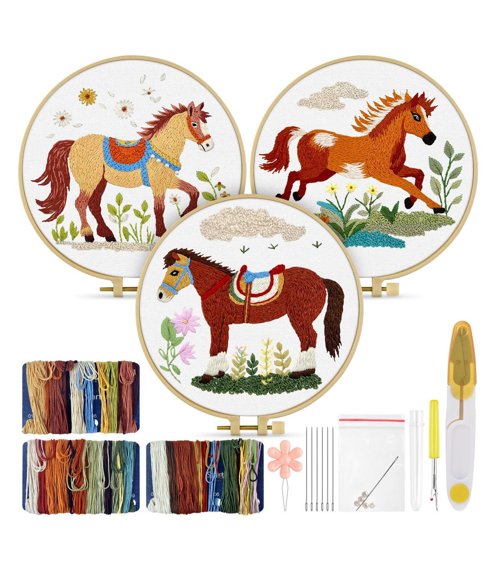 GNUADZ 3 Pack Embroidery Kit Horse Stamped Patterns Hoop Tools Threads