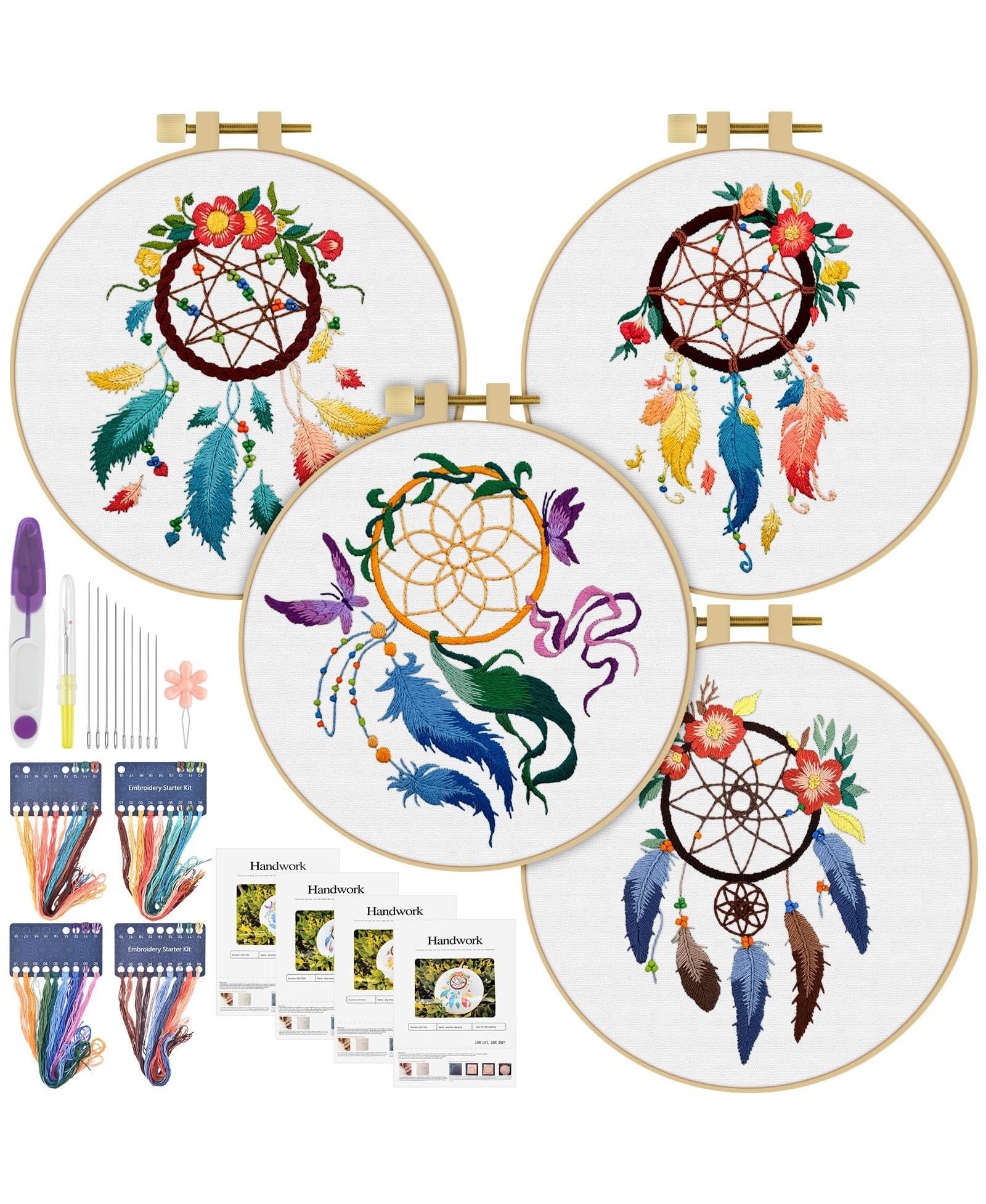 GNUADZ 4 Set Embroidery Kit Beginners Feather Wreath Cloth Hoops Threads