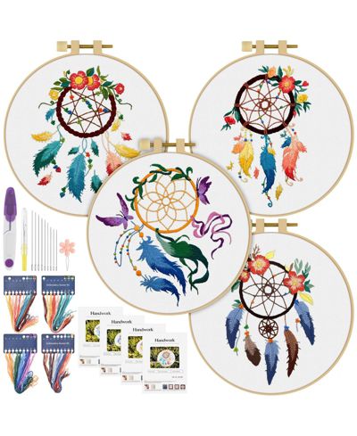 GNUADZ 4 Set Embroidery Kit Beginners Feather Wreath Cloth Hoops Threads