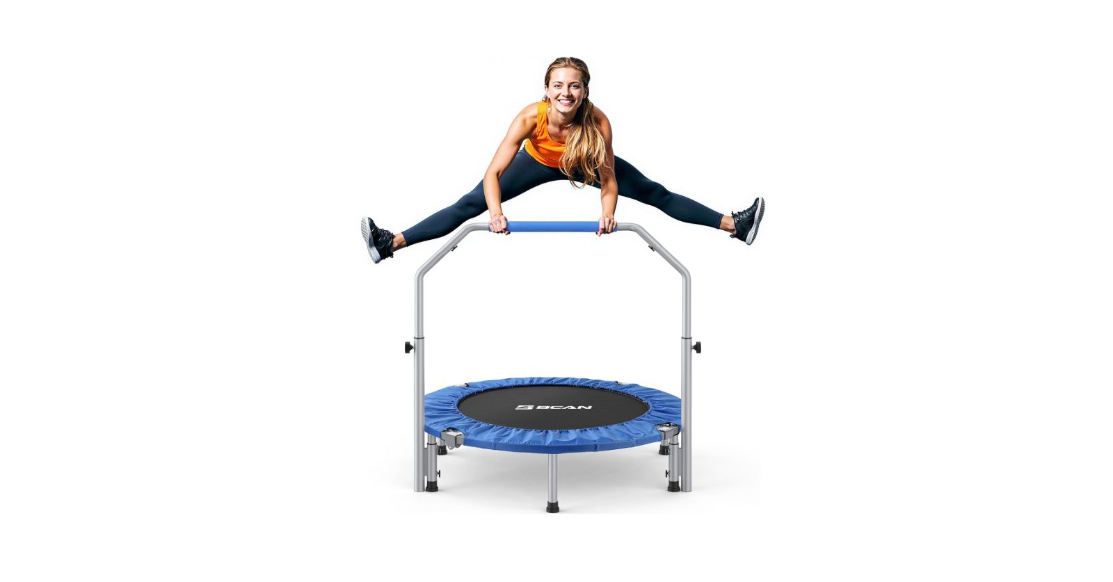 BCAN SP2 48" Blue Foldable Mini Trampoline, 440lbs Capacity, Adjustable Foam Handle, Indoor/Garden Fitness Rebounder