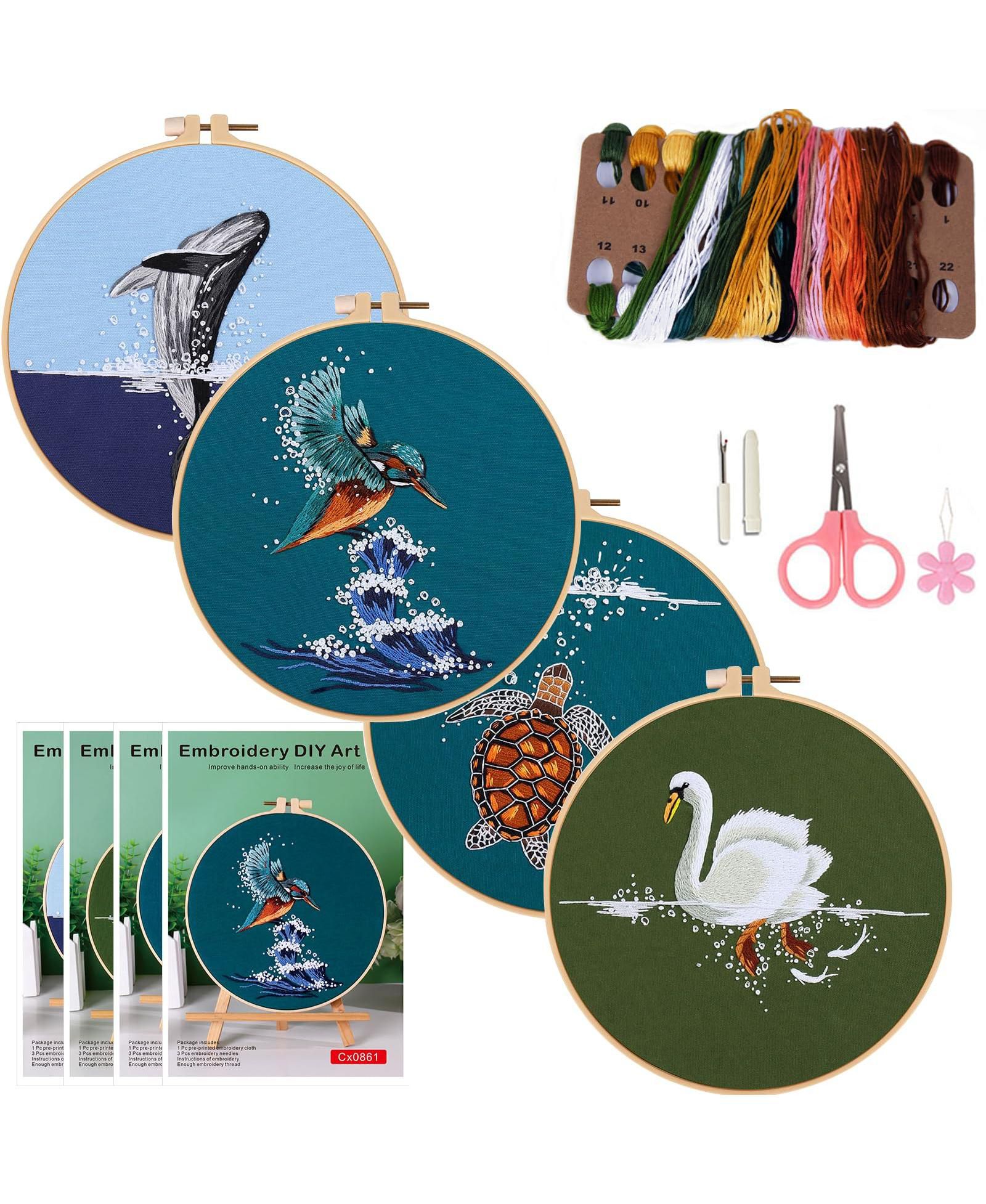 GNUADZ 4 Sets Embroidery Kit Beginners Hand Stitches Dolphin Swan Turtle Hummingbird