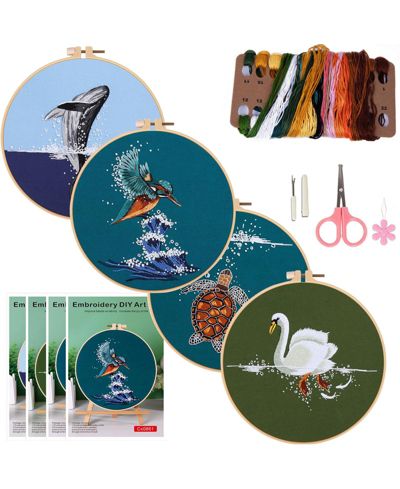 GNUADZ 4 Sets Embroidery Kit Beginners Hand Stitches Dolphin Swan Turtle Hummingbird