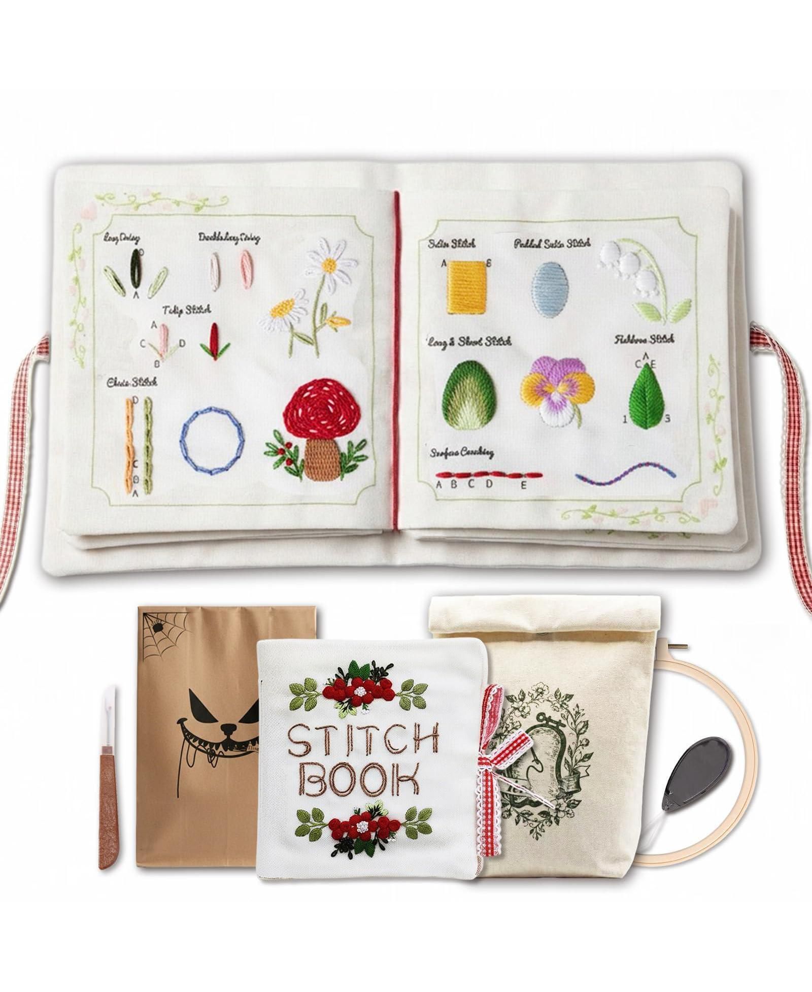 GNUADZ Embroidery Book Fabric Pages 32 Stitches Learning Order DIY Sewing Kit Floral Motifs Practice Patterns Basic Intermediate