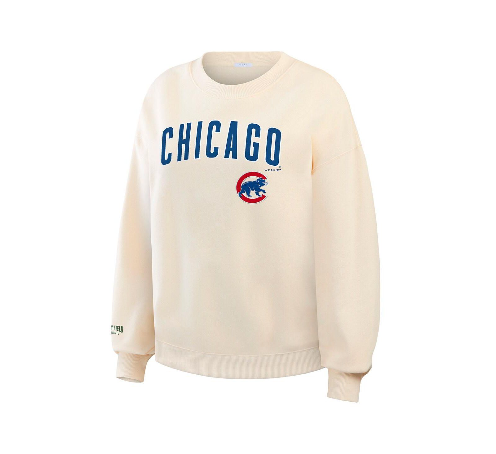 WEAR by Erin Andrews Women's Cream Chicago Cubs Heavyweight Crew Neck Sweatshirt