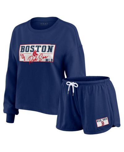 WEAR by Erin Andrews Women's Navy Boston Red Sox Heavy Rugby Jersey Cropped Long Sleeve T-Shirt & Shorts Lounge Set