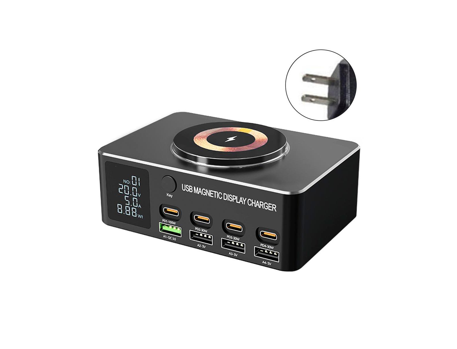 Artudatech Зарядная станция GaN 140W 8-Port с Fast Charger, Magnetic Wireless и Digital Display