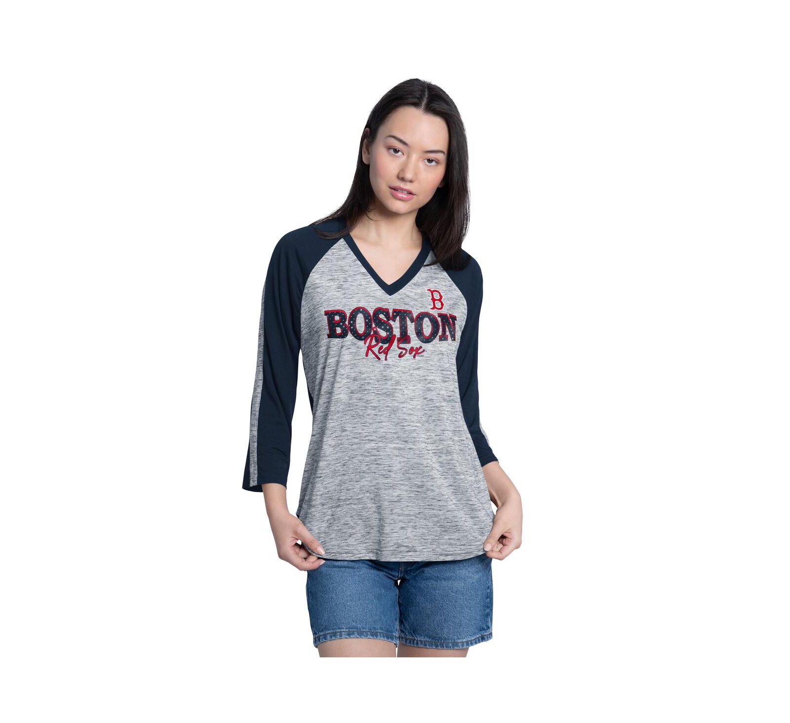 G-III 4Her by Carl Banks Women's Navy/Heather Navy Boston Red Sox Speed Training 3/4-Sleeve Rhinestone V-Neck T-Shirt