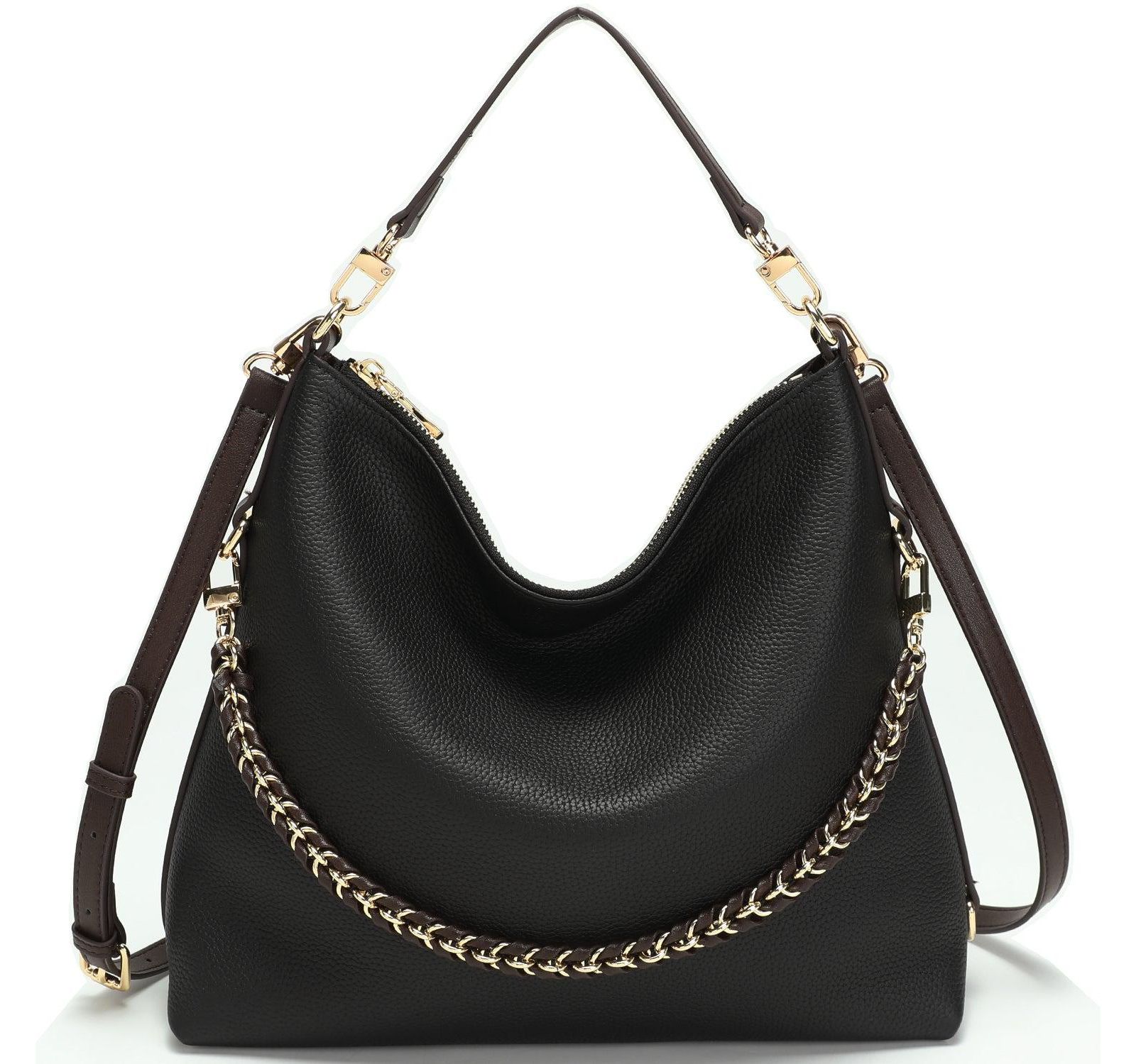 SUSU Riva Leather Convertible Hobo Bag Shoulder and Crossbody with Chain Detail