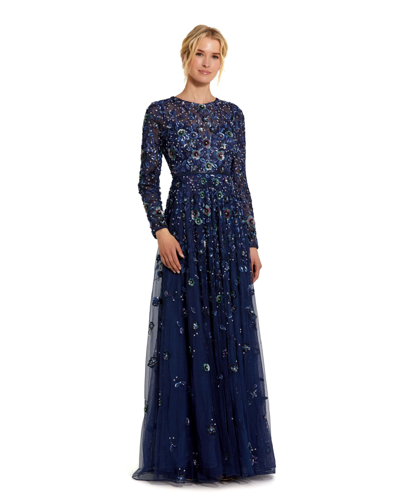 Женское вечернее платье Mac Duggal Embellished High Neck Long Sleeve A Line Gown