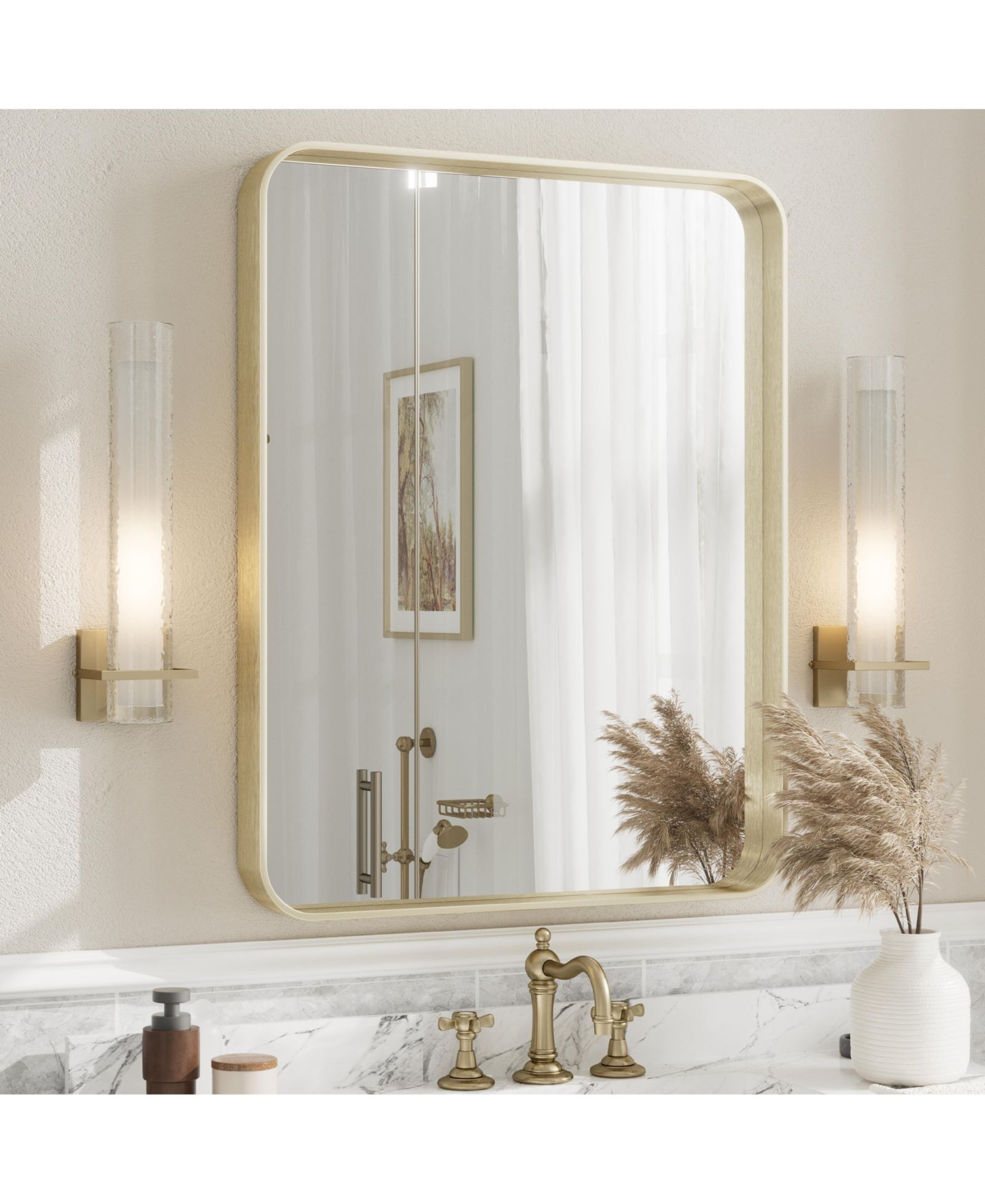 Зеркало для ванной Apmir High-Strength Tempered Glass and Aluminum Alloy Framed Wall Decor Bathroom Vanity Mirror in Brushed Gold
