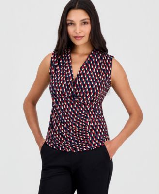 Anne Klein Women's Printed Faux-Wrap Sleeveless Top