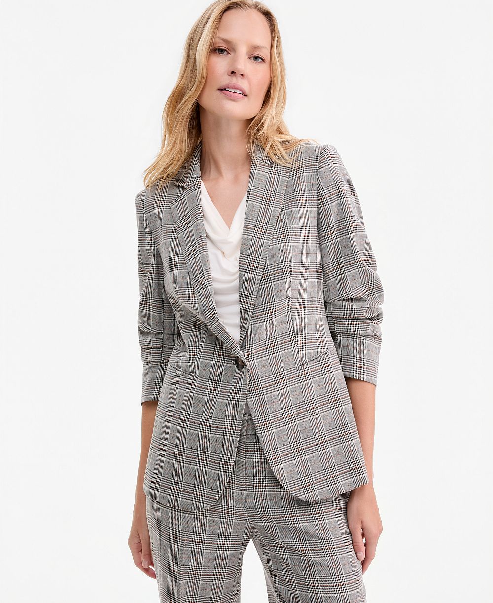 Женский блейзер Anne Klein Check Notch-Collar Scrunch-Sleeve