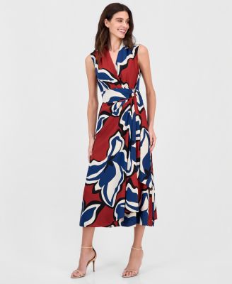 Anne Klein Women's Printed Faux-Wrap Tie-Waist Midi Dress