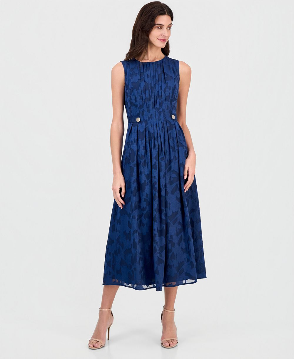 Anne Klein Women's Pleated-Front Button-Tab Scoop Neck A-Line Midi Dress