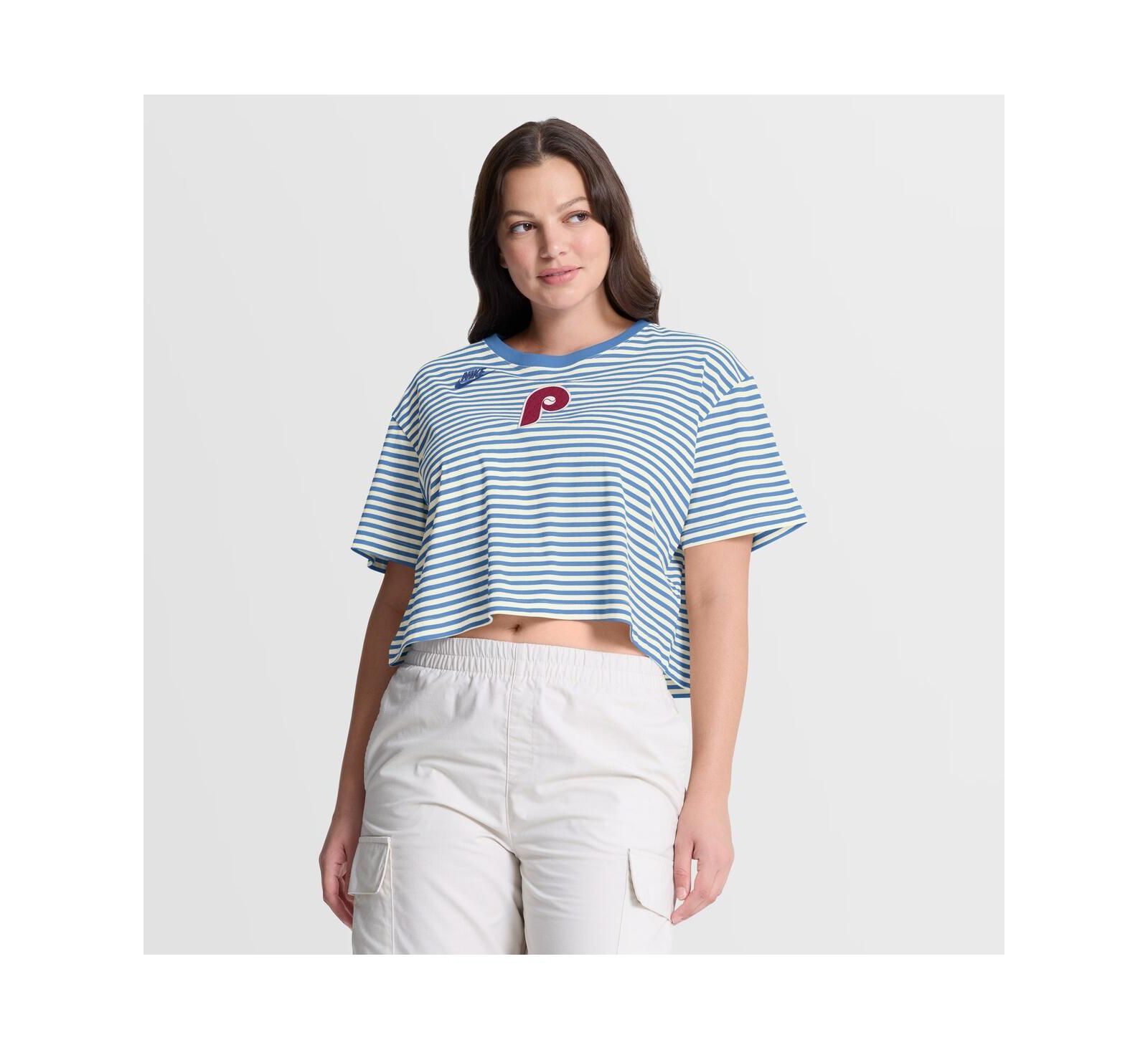 Nike Women's Light Blue/Cream Philadelphia Phillies Cooperstown Collection Striped Cropped T-Shirt