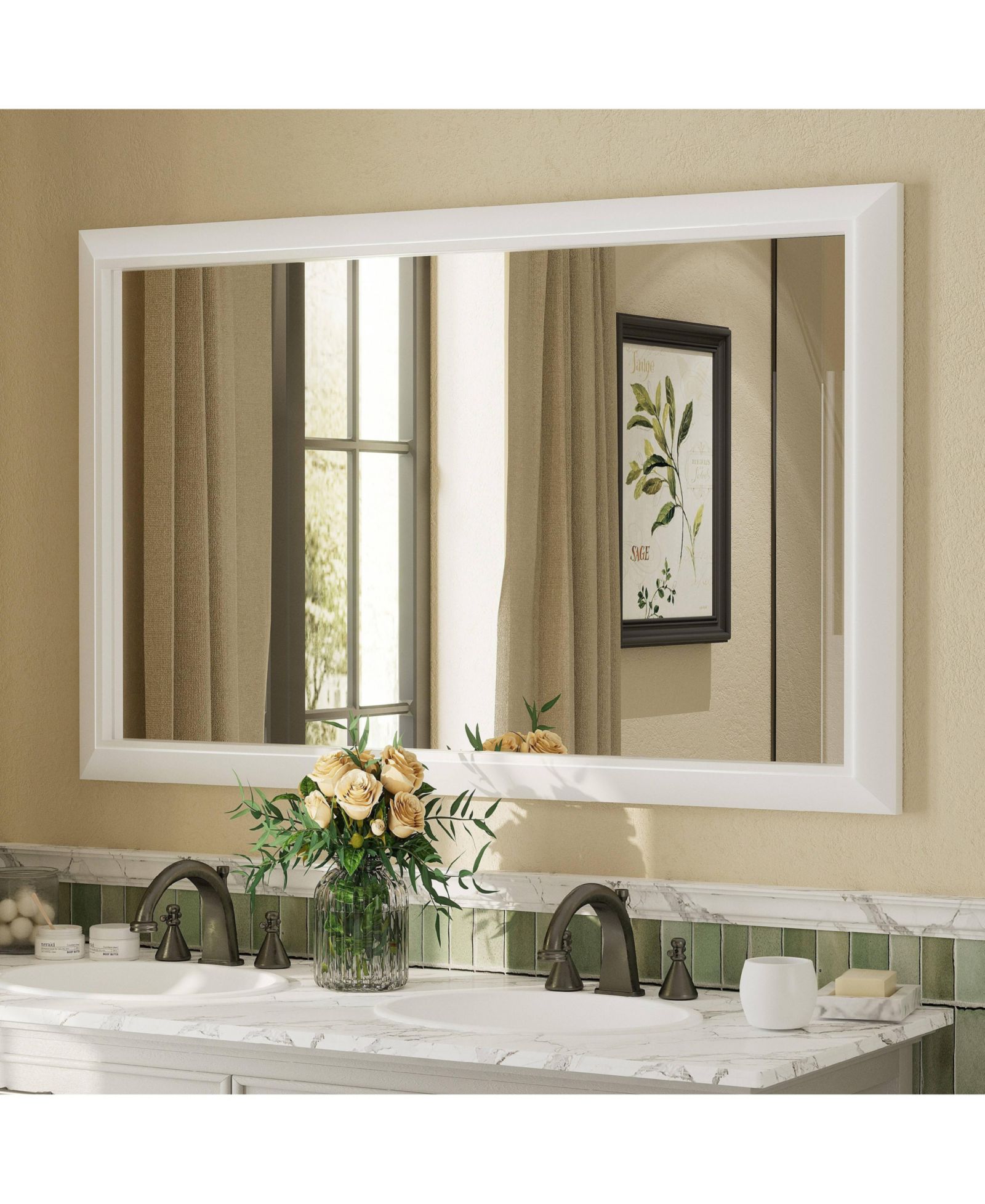 Apmir 48" x 30" Inch Thick Metal Framed Wall Mirrors for Bedroom, Rectangle Wall-Mounted Mirrors in Matte White