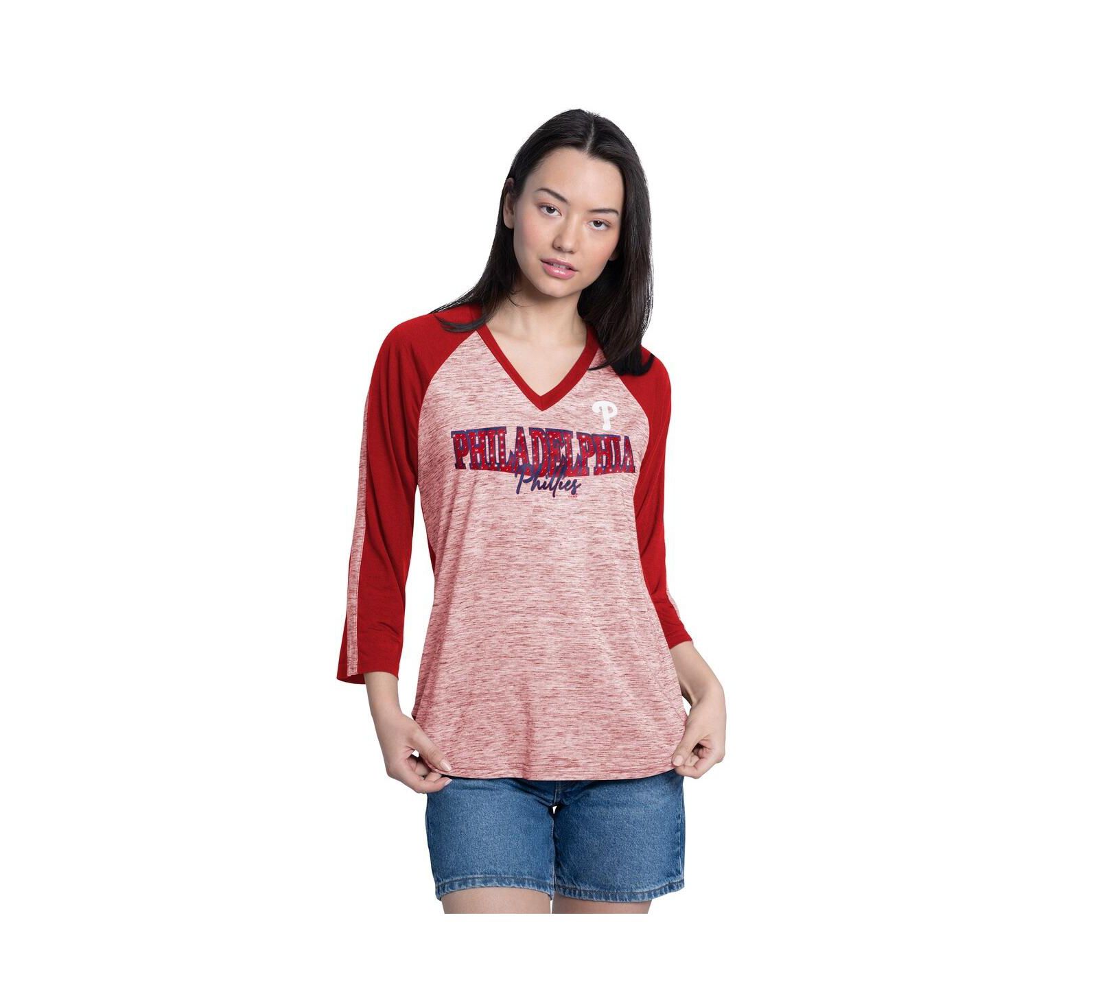G-III 4Her by Carl Banks Women's Red/Heather Red Philadelphia Phillies Speed Training 3/4-Sleeve Rhinestone V-Neck T-Shirt
