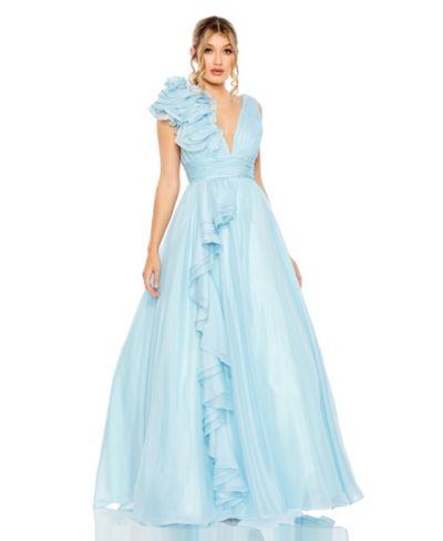 Вечернее платье Mac Duggal One-Shoulder Ruffle Ball Gown с V-образным вырезом