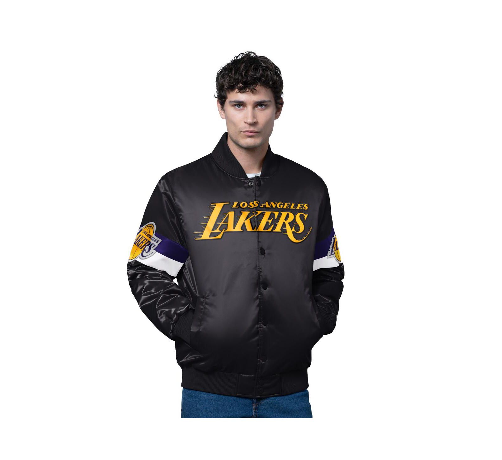Starter Men's Black Los Angeles Lakers Triple Option Varsity Full-Snap Satin Jacket