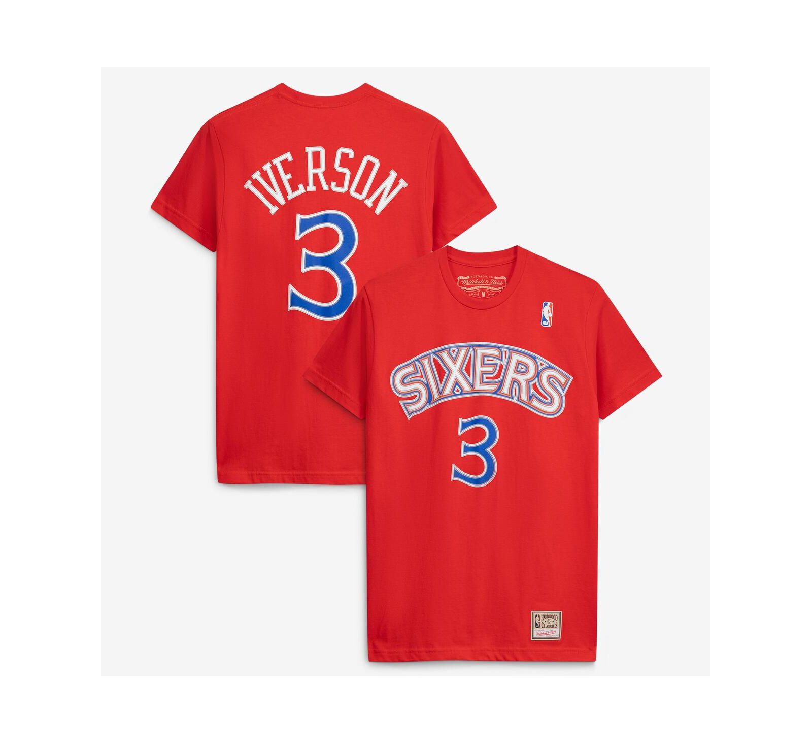 Мужская и женская футболка Mitchell & Ness Allen Iverson Red Philadelphia 76ers Hardwood Classics Name & Number