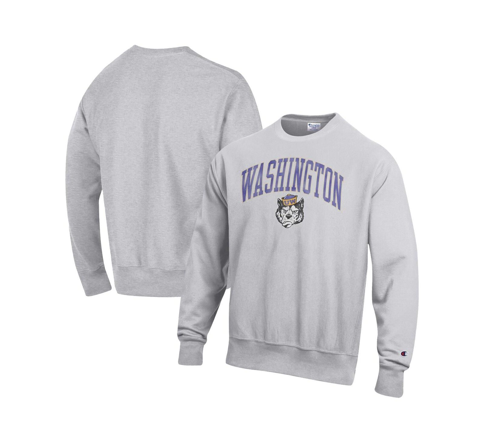 Мужской свитшот Champion Gray Washington Huskies Distressed Arch Over Logo Reverse Weave Crew Neck