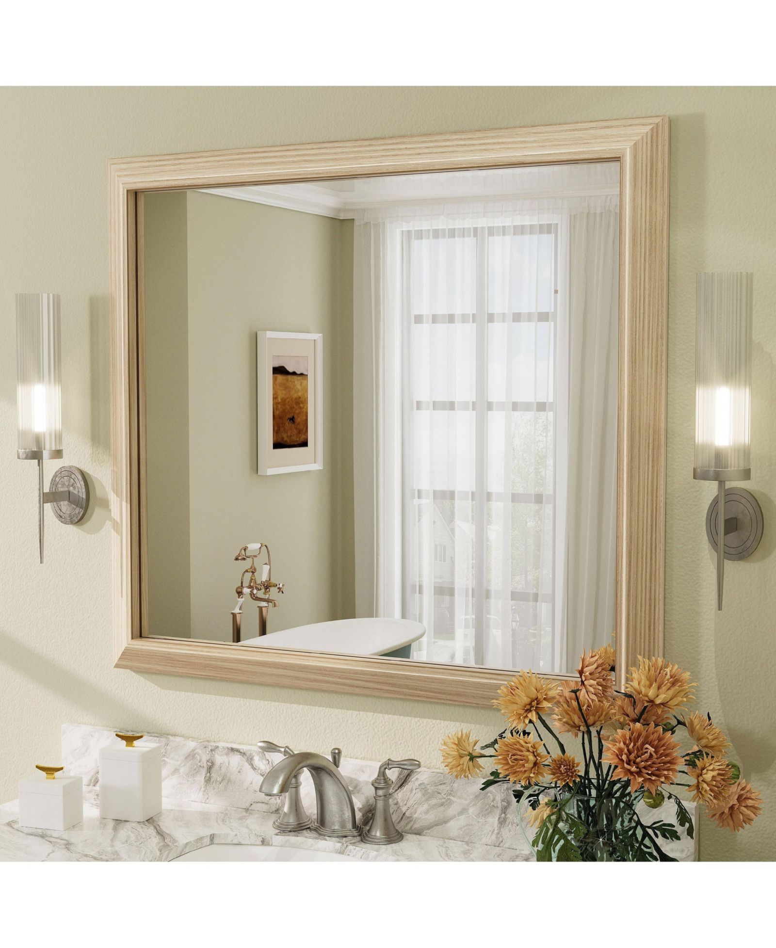 Apmir Thick Metal Framed Wall Mirrors for Bedroom, Rectangle Wall-Mounted Mirrors in Wood
