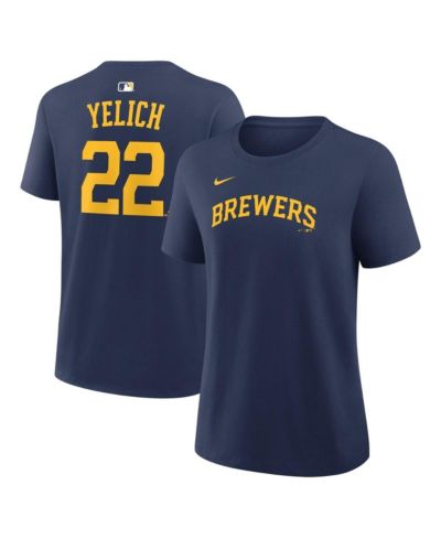 Nike Женская футболка Milwaukee Brewers с именем и номером Christian Yelich, темно-синяя