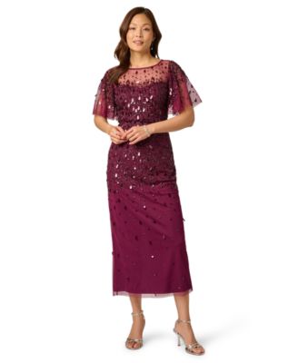 Adrianna Papell Women's Beaded Mesh Flutter-Sleeve Midi Dress