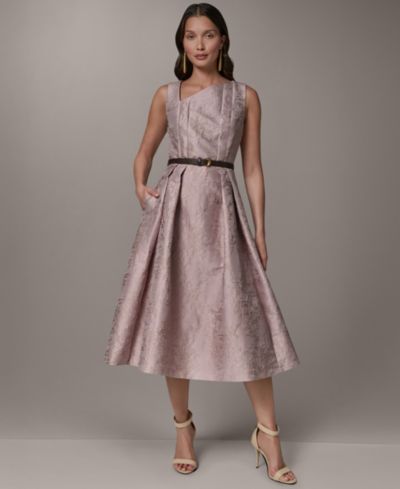 Donna Karan New York Women's Jacquard Asymmetrical Neck Fit & Flare Dress with Belt
