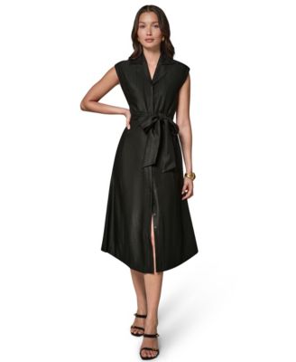 Donna Karan New York Women's Cap-Sleeve Collared with Self-Tie Belt Shirt Dress