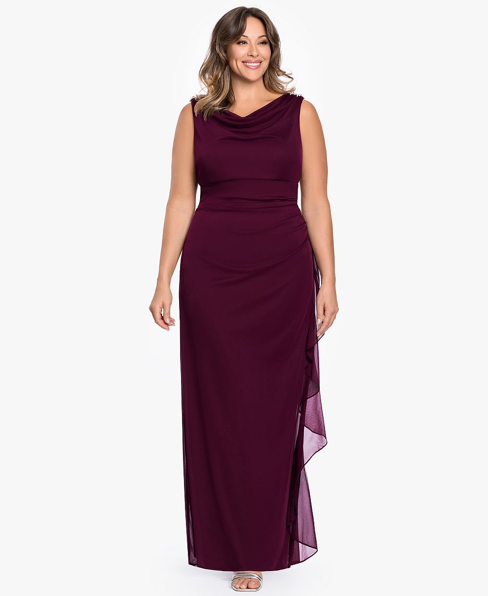 Вечернее платье B&A By Betsy and Adam Plus Size Ruched Back Cowl Neck Ball Gown