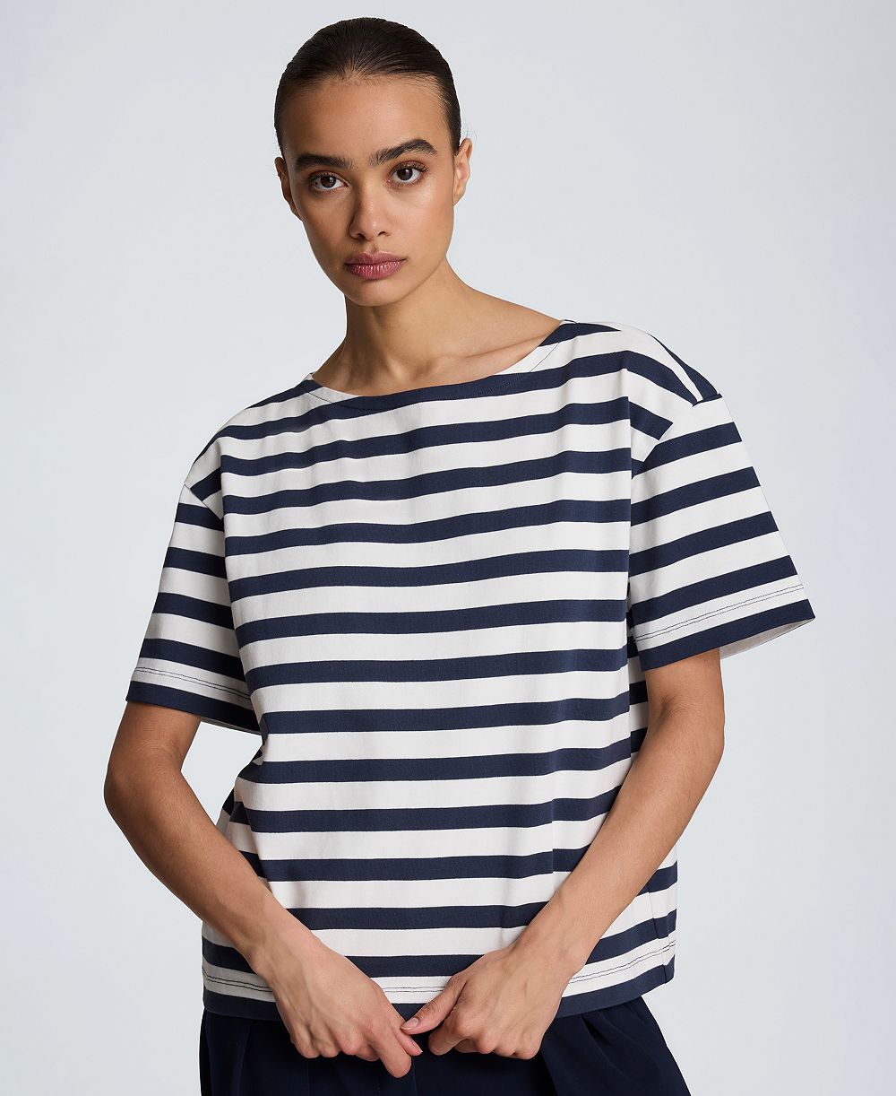 Kenneth Cole Women's Cotton Boat Neck Stripe Top