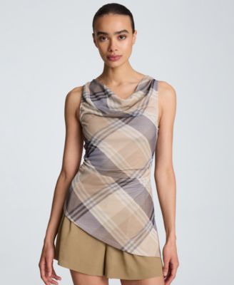Kenneth Cole Women's Cowl Neck Asymmetric Mesh Top