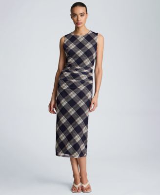 Kenneth Cole Women's Sleeveless Side Ruched Plaid Midi Dress