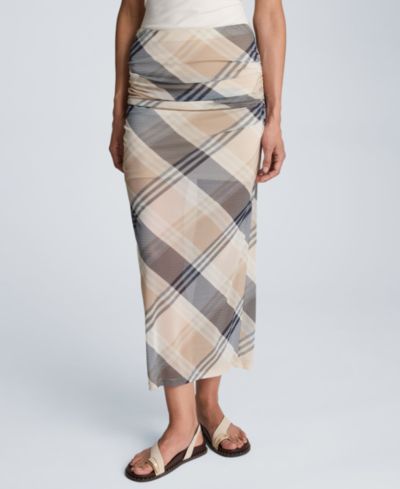 Kenneth Cole Women's Side Ruched Mesh Plaid Midi Skirt