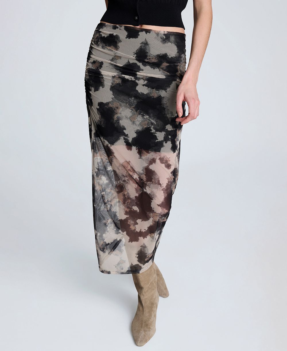 Kenneth Cole Women's Side Ruched Printed Mesh Midi Skirt