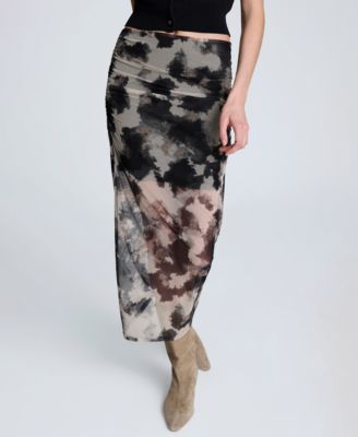 Kenneth Cole Women's Side Ruched Printed Mesh Midi Skirt