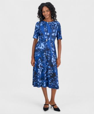 Kasper Women's Pleat-Neck Belted Short-Sleeve Dress