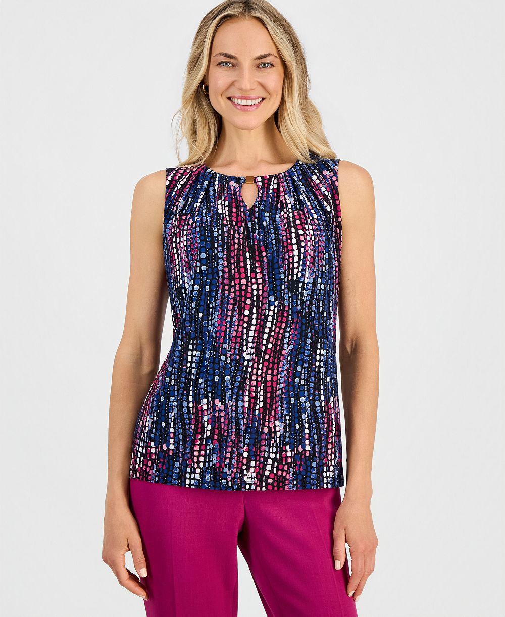 Kasper Women's Printed Pleat-Neck Keyhole Sleeveless Top
