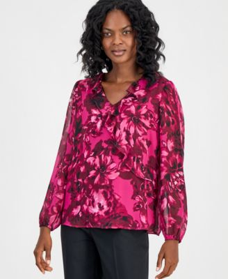 Kasper Women's Asymmetric Ruffle-Front Long-Sleeve Blouse