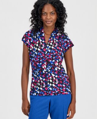 Kasper Women's Printed Funnel-Neck Short-Sleeve Top