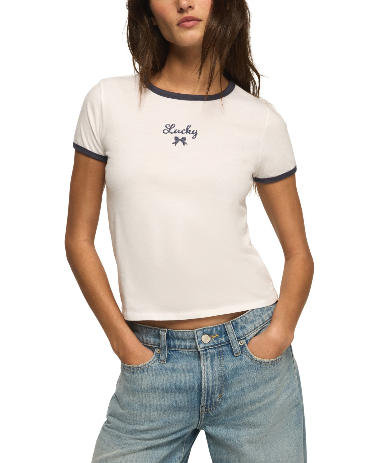 Lucky Brand Women's Bow Detailed Cropped Ringer T-Shirt