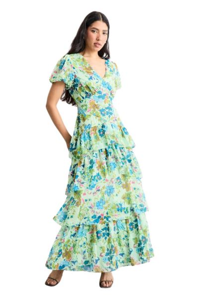 Warehouse Women's Waist Puff Sleeve Tiered Midi Dress