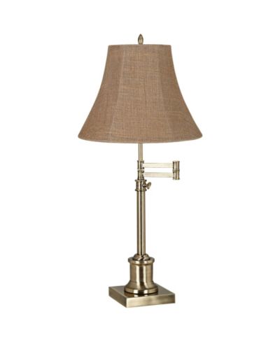 360 Lighting Traditional Swing Arm Desk Table Lamp Adjustable Height 36" Tall Antique Brass Burlap Bell Shade Living Room Bedroom