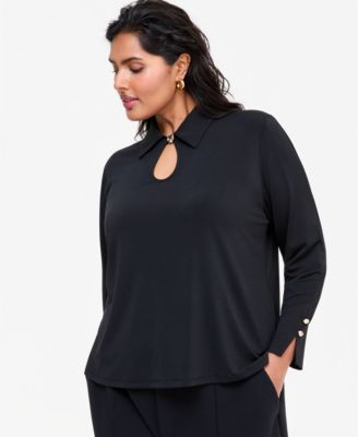 I.N.C. International Concepts Plus Size Long-Sleeve Collared Keyhole Hardware Blouse, Macy's Exclusive