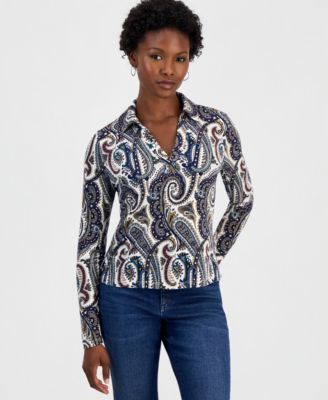 I.N.C. International Concepts Petite Paisley Long-Sleeve Johnny Collar Top, Macy's Exclusive