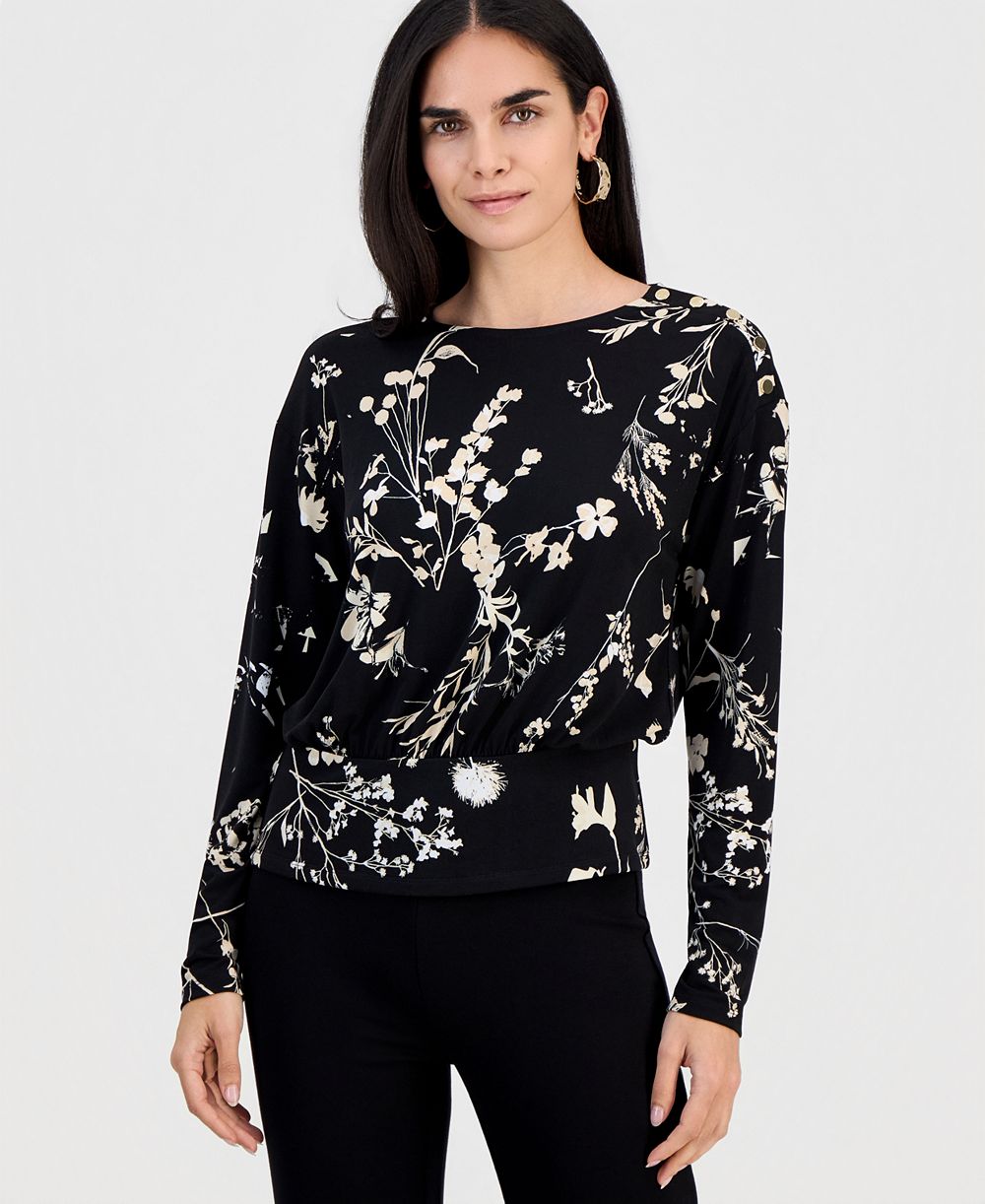 I.N.C. International Concepts Petite Printed Crew-Neck Banded-Hem Top, Macy's Exclusive